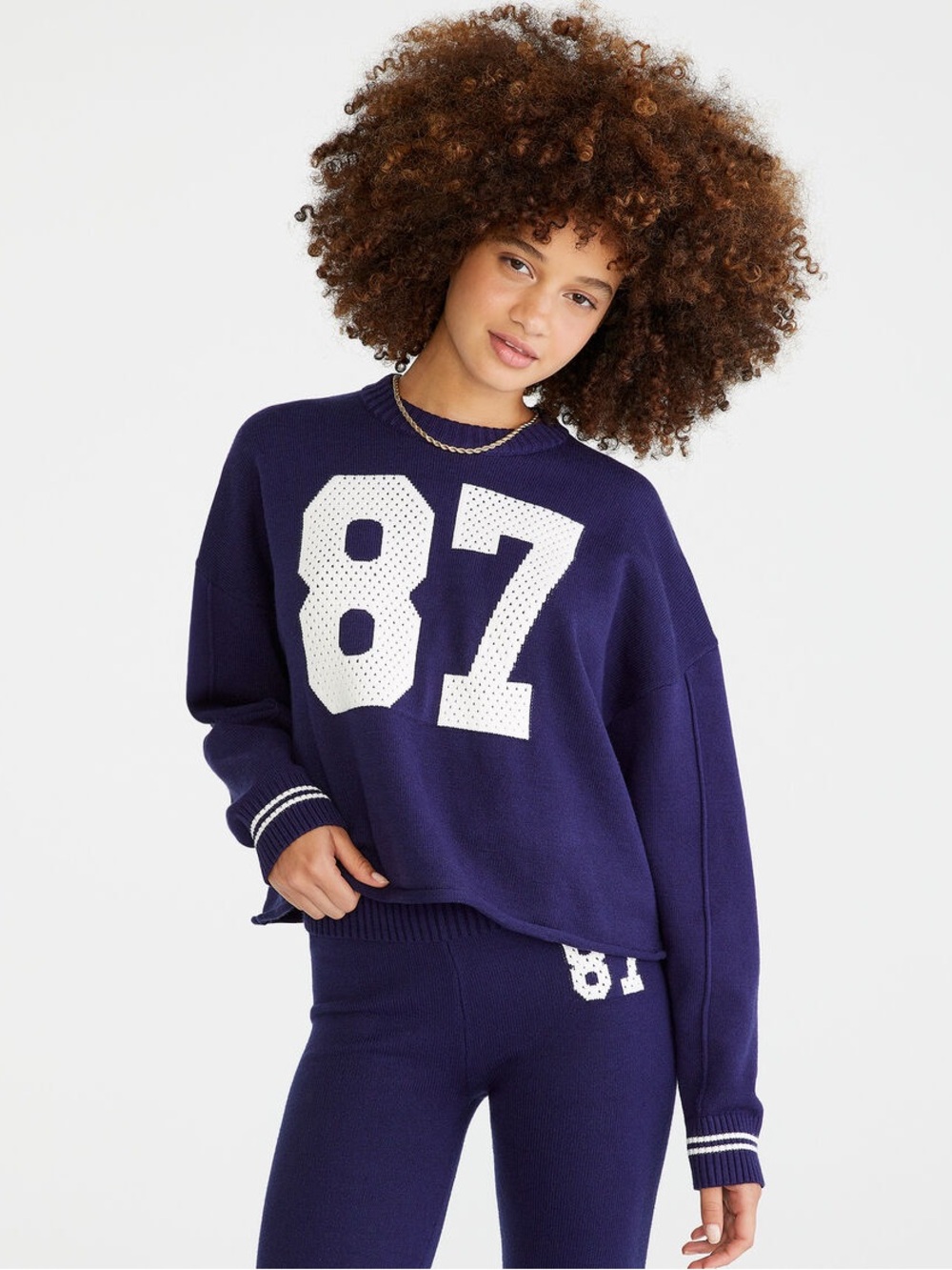 Aeropostale Sports Jersey Crew Sweater Navy Blue White L
